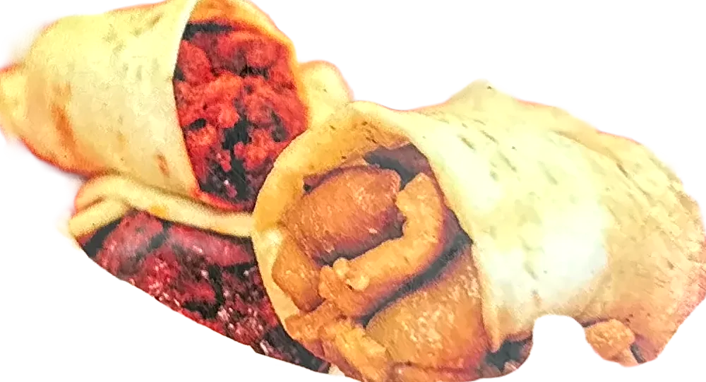 Two burritos cut open, one red chile and one chicharrón