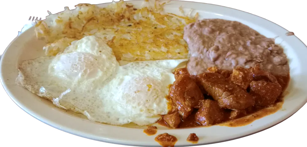 Two fried eggs with hash browns, beans and red stew