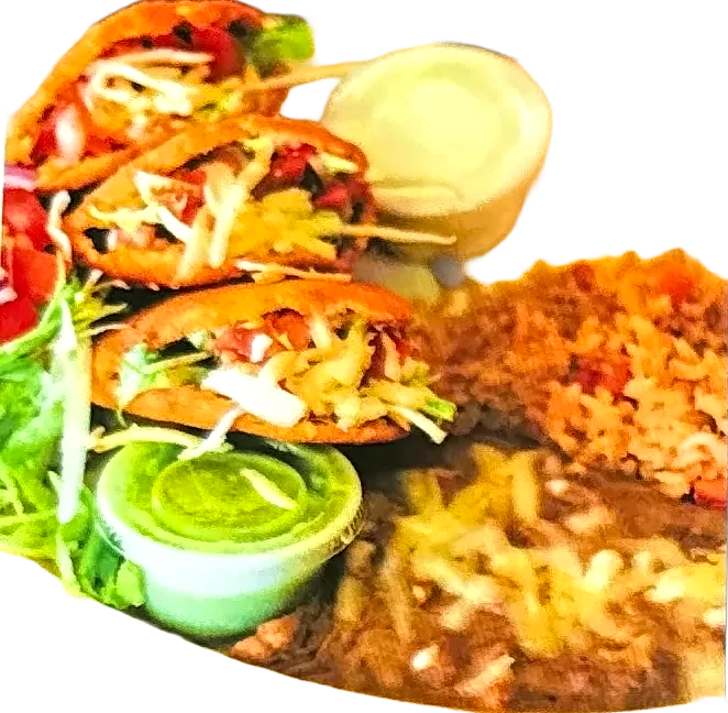 Plate of gorditas with rice, beans, guacamole and sour cream
