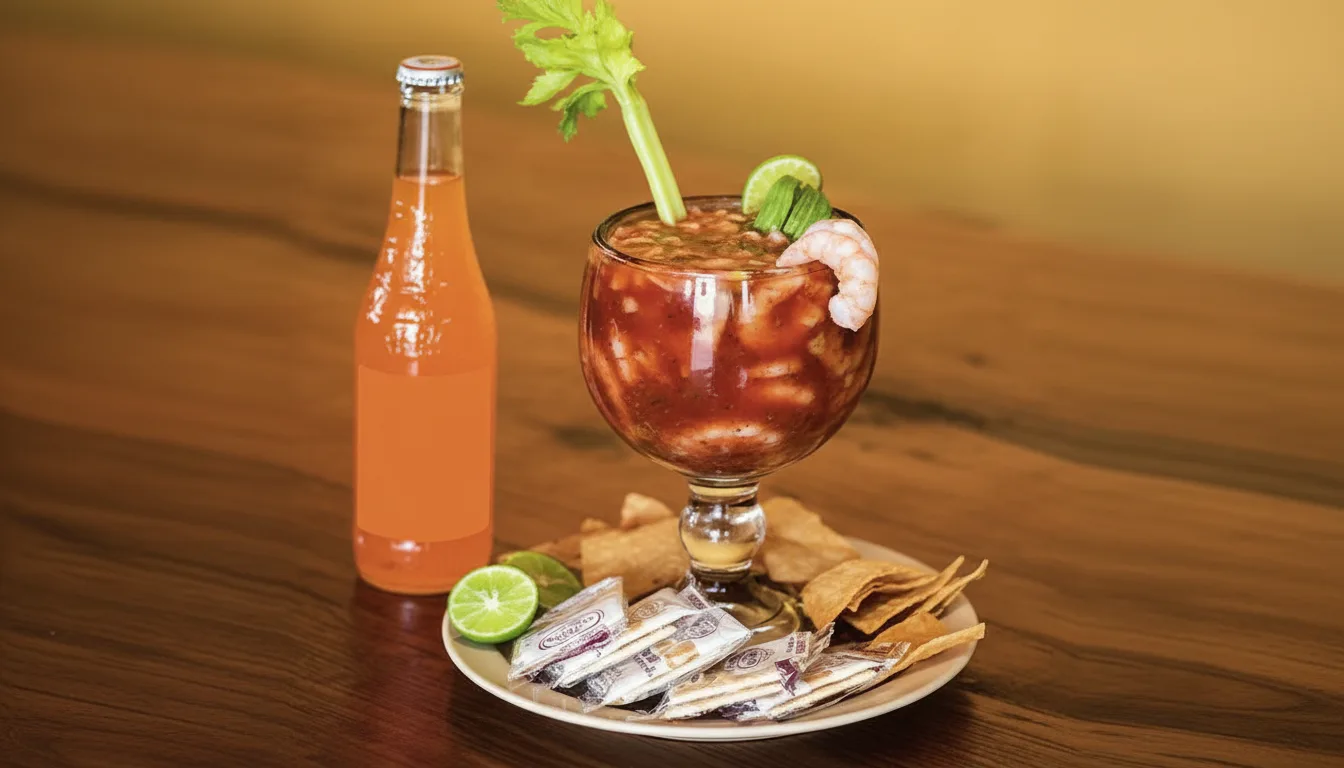 Shrimp cocktail with celery, lime and saltines next to an orange soda