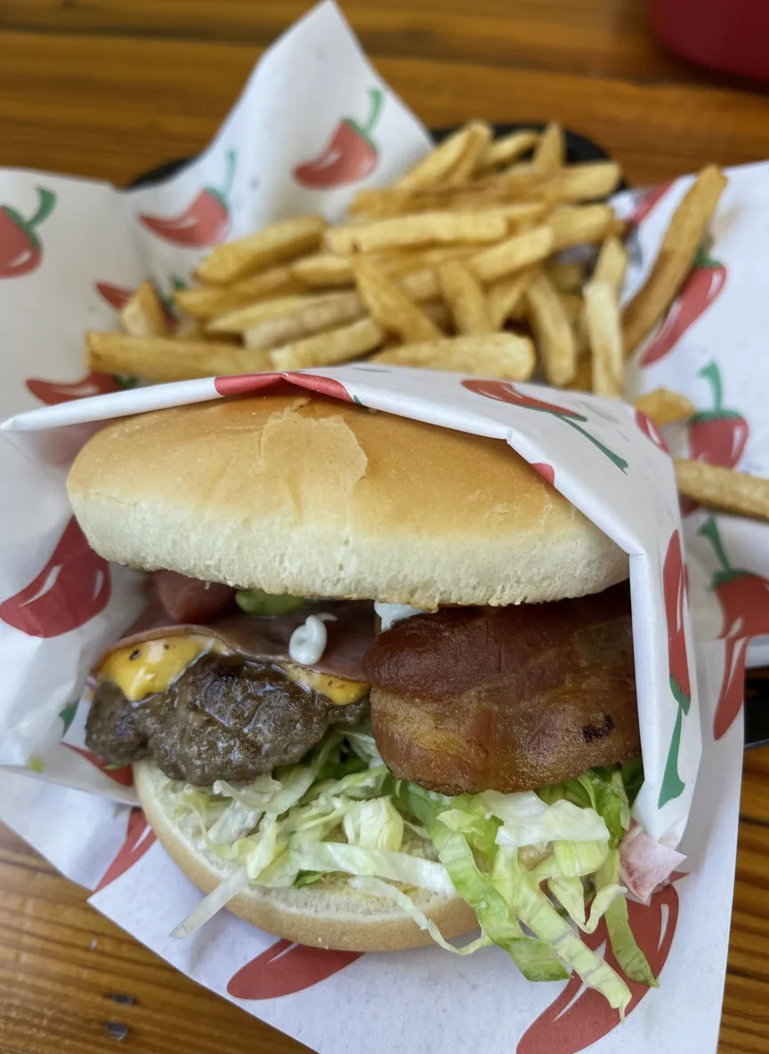 Mexican burger with fries in red chili pepper paper