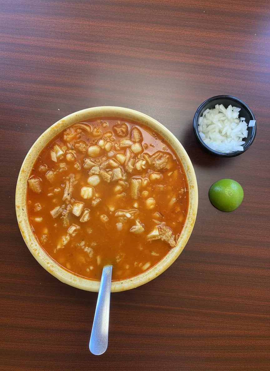Menudo seen from above with onion and lime