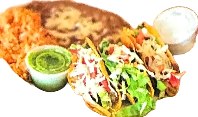 Crispy tacos with lettuce, tomato and cheese, rice, beans and guacamole